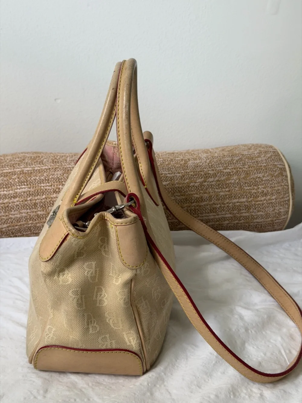 Dooney&Bourke Signature Canvas Satchel Handbag Beige Vachetta Leather Trim Vtg